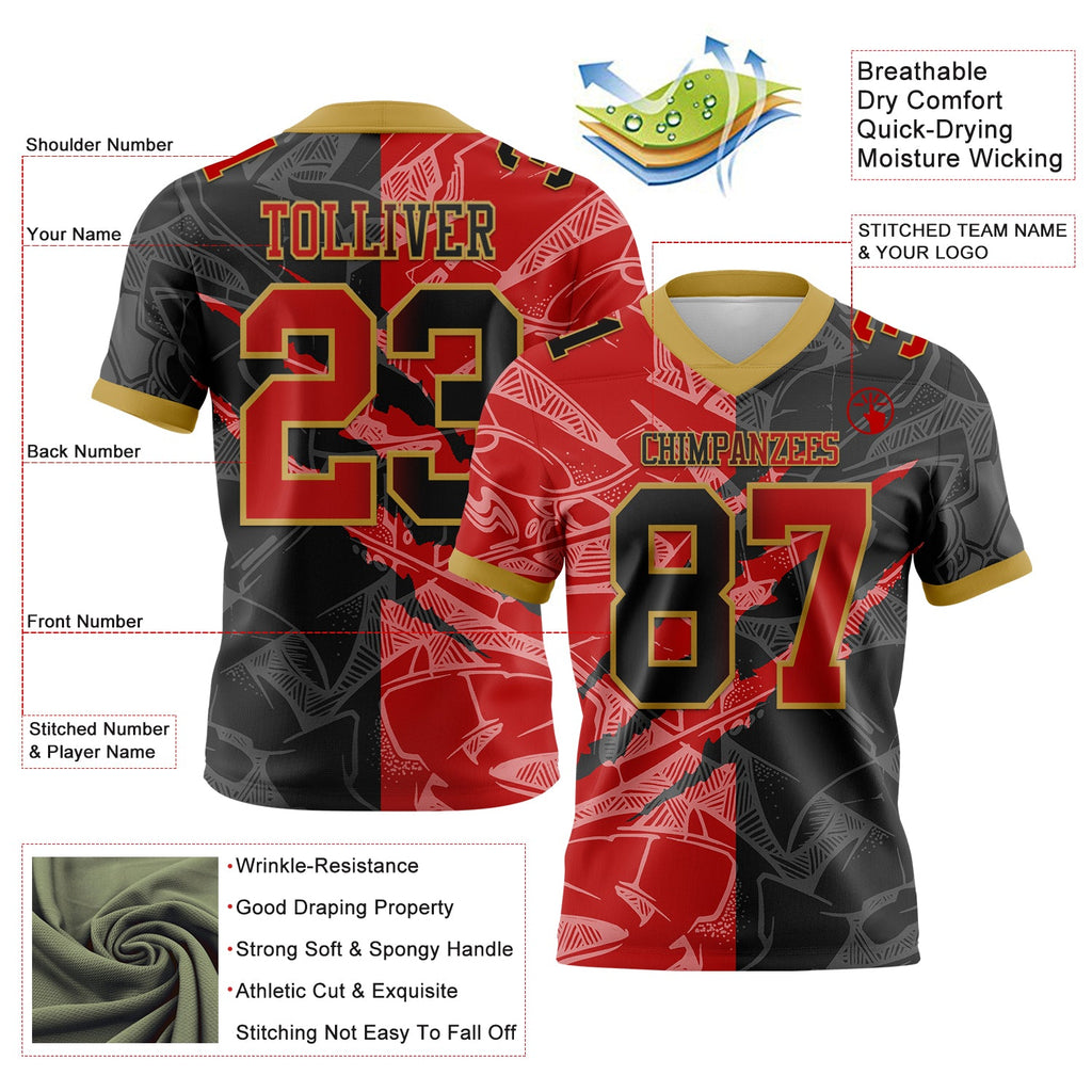 Custom Black Red-Old Gold Authentic Gradient Fashion Scratch Football Jersey