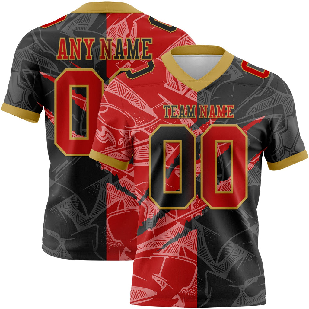 Custom Black Red-Old Gold Authentic Gradient Fashion Scratch Football Jersey