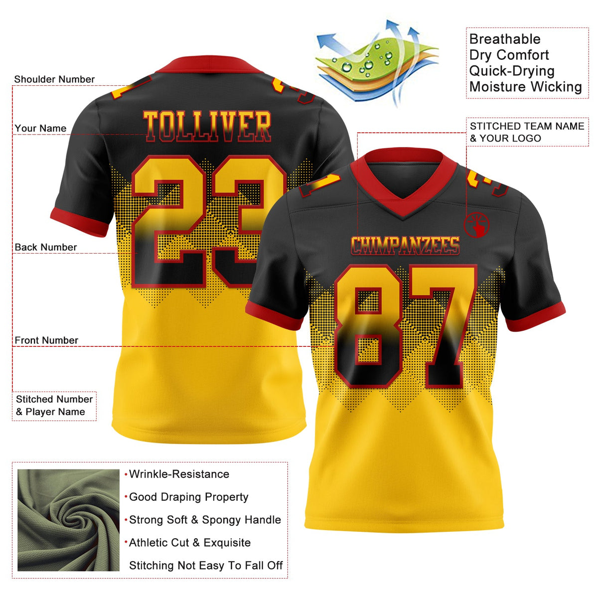 Custom Black Yellow-Red Authentic Gradient Square Shape Flag Football Jersey