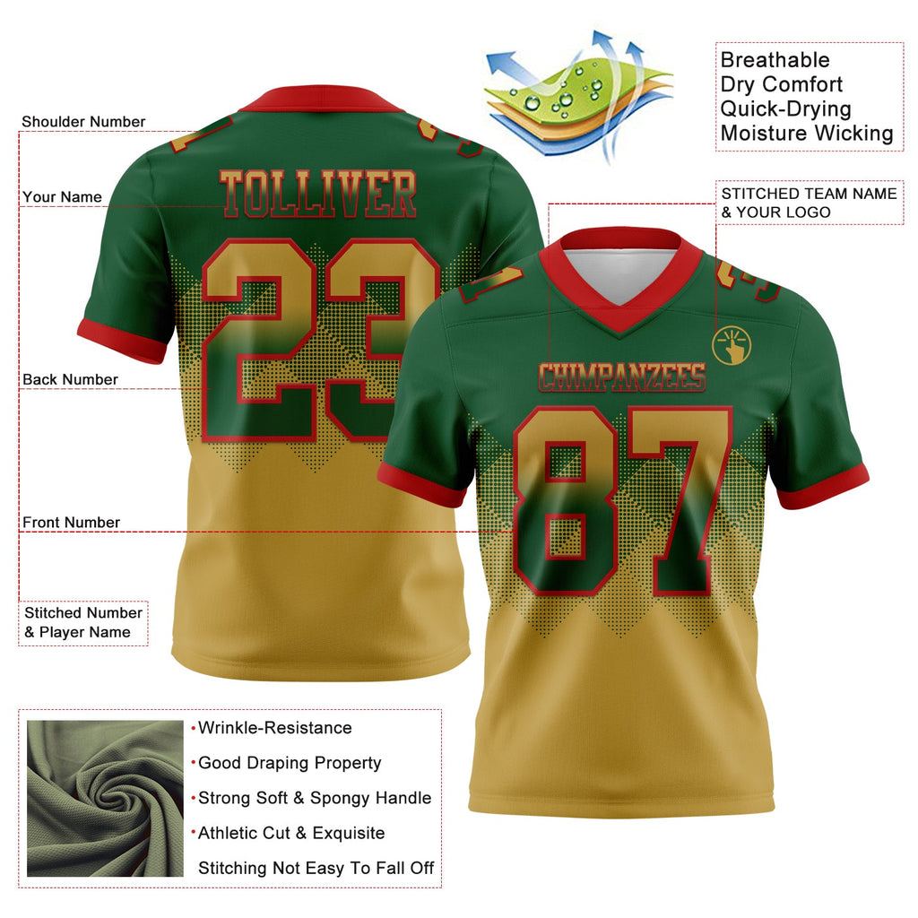 Custom Green Old Gold-Red Authentic Gradient Square Shape Flag Football Jersey