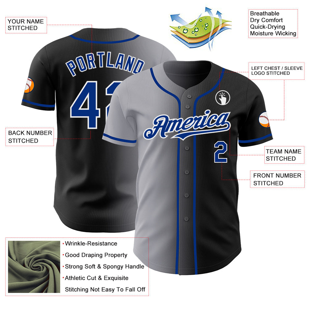 Custom Black Royal Gray-White Authentic Gradient Fashion Baseball Jersey