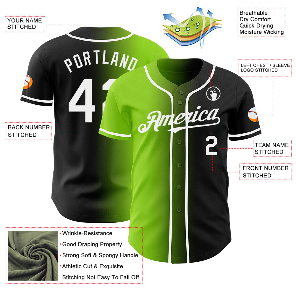 Custom Black White-Neon Green Authentic Gradient Fashion Baseball Jersey