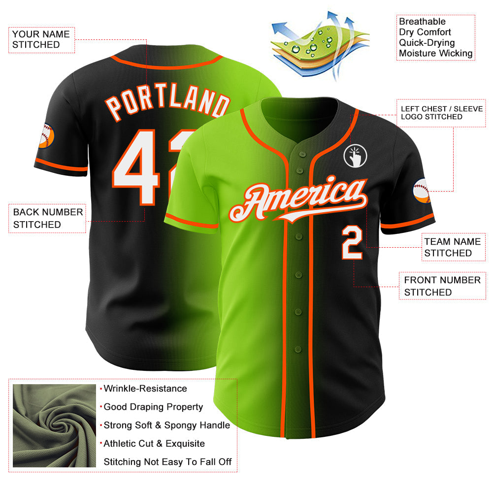 Custom Black White Neon Green-Orange Authentic Gradient Fashion Baseball Jersey