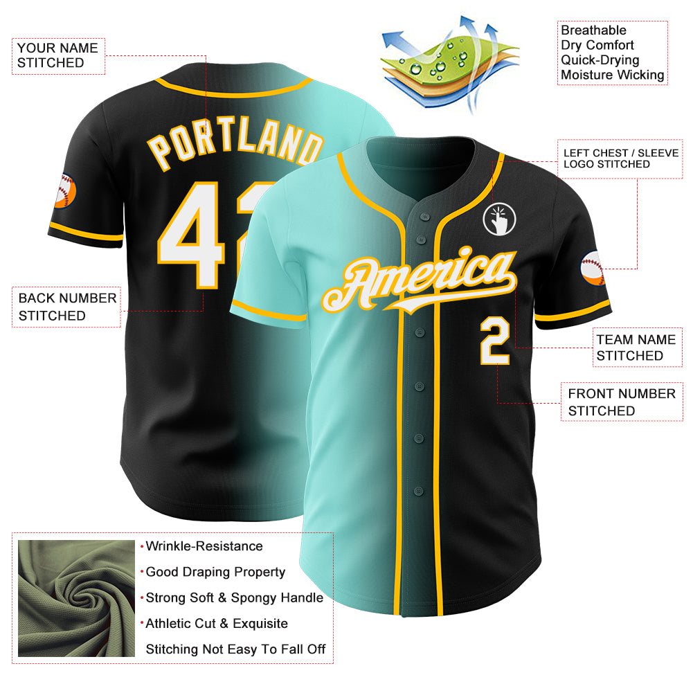 Custom Black White Ice Blue-Gold Authentic Gradient Fashion Baseball Jersey