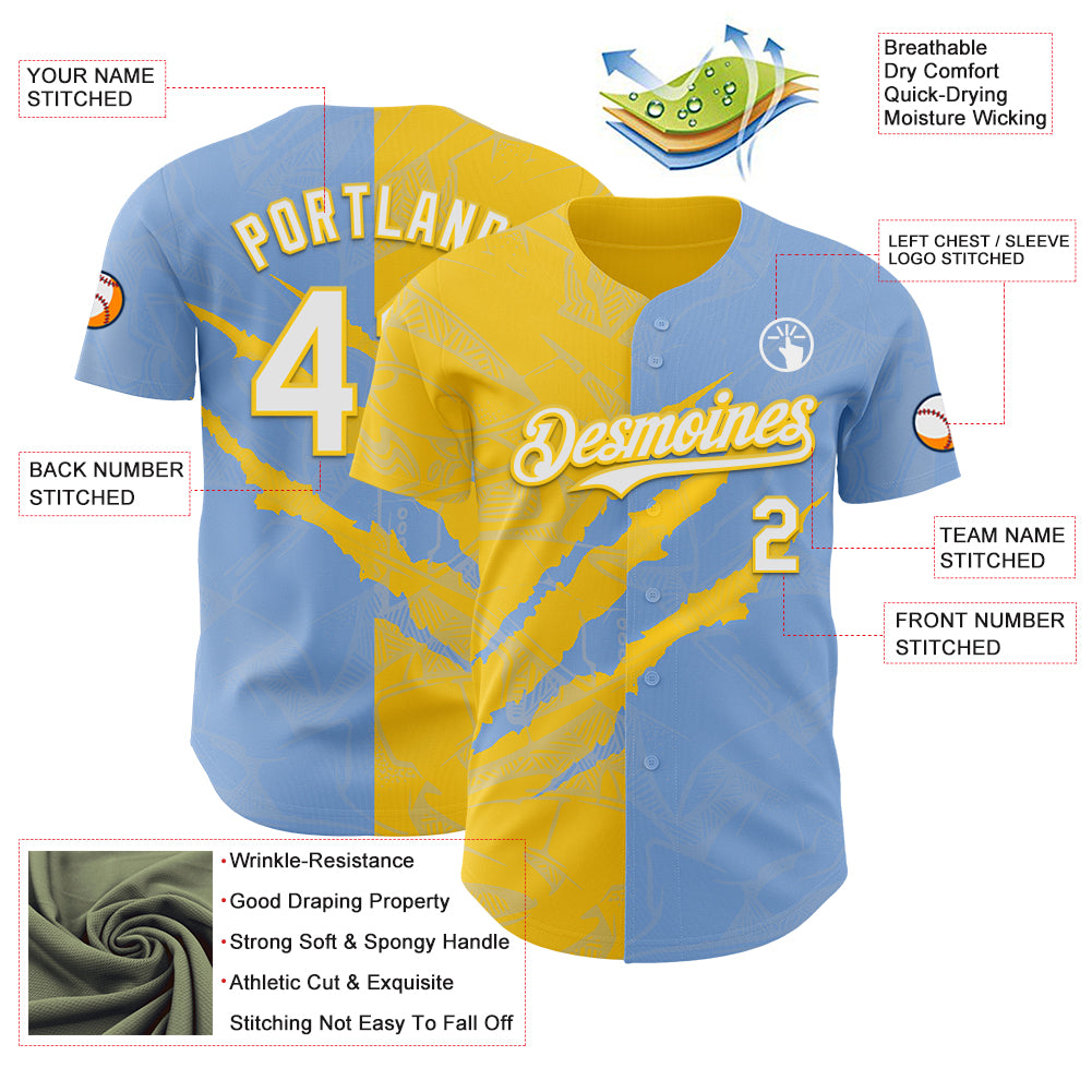 Custom Graffiti Pattern White Light Blue-Yellow 3D Scratch Authentic Baseball Jersey