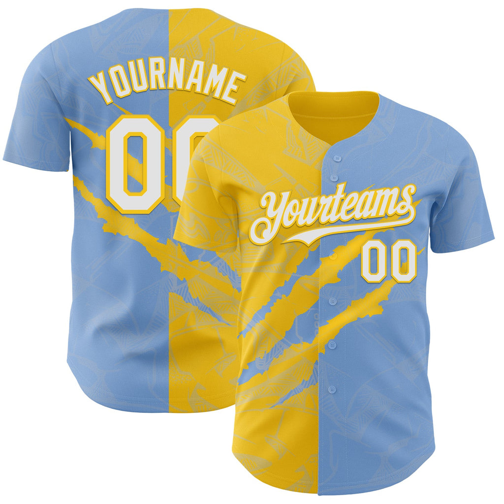 Custom Graffiti Pattern White Light Blue-Yellow 3D Scratch Authentic Baseball Jersey
