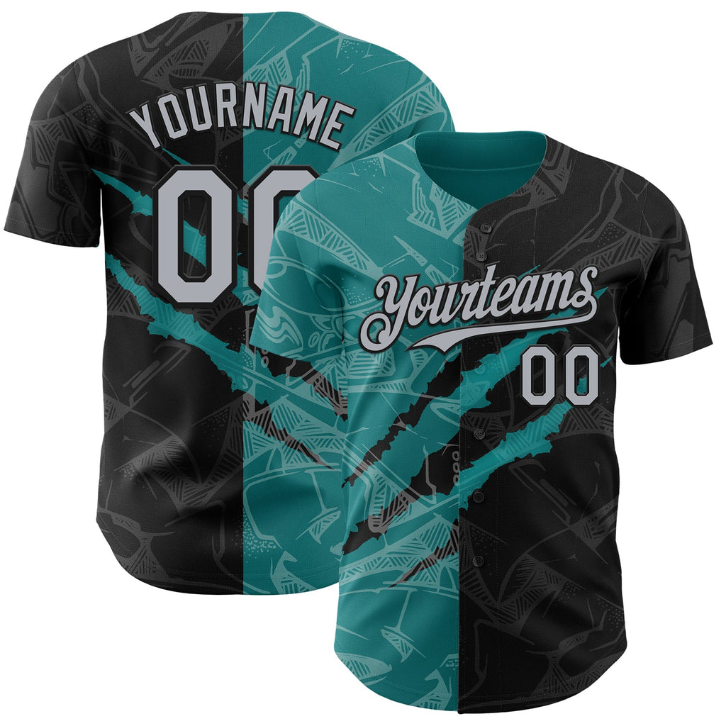 Custom Graffiti Pattern Gray Black-Teal 3D Scratch Authentic Baseball Jersey