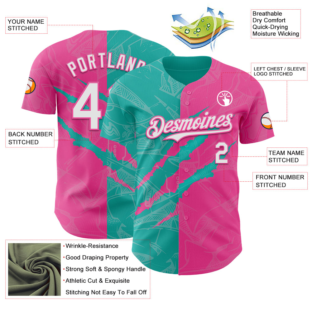 Custom Graffiti Pattern White Pink-Aqua 3D Scratch Authentic Baseball Jersey