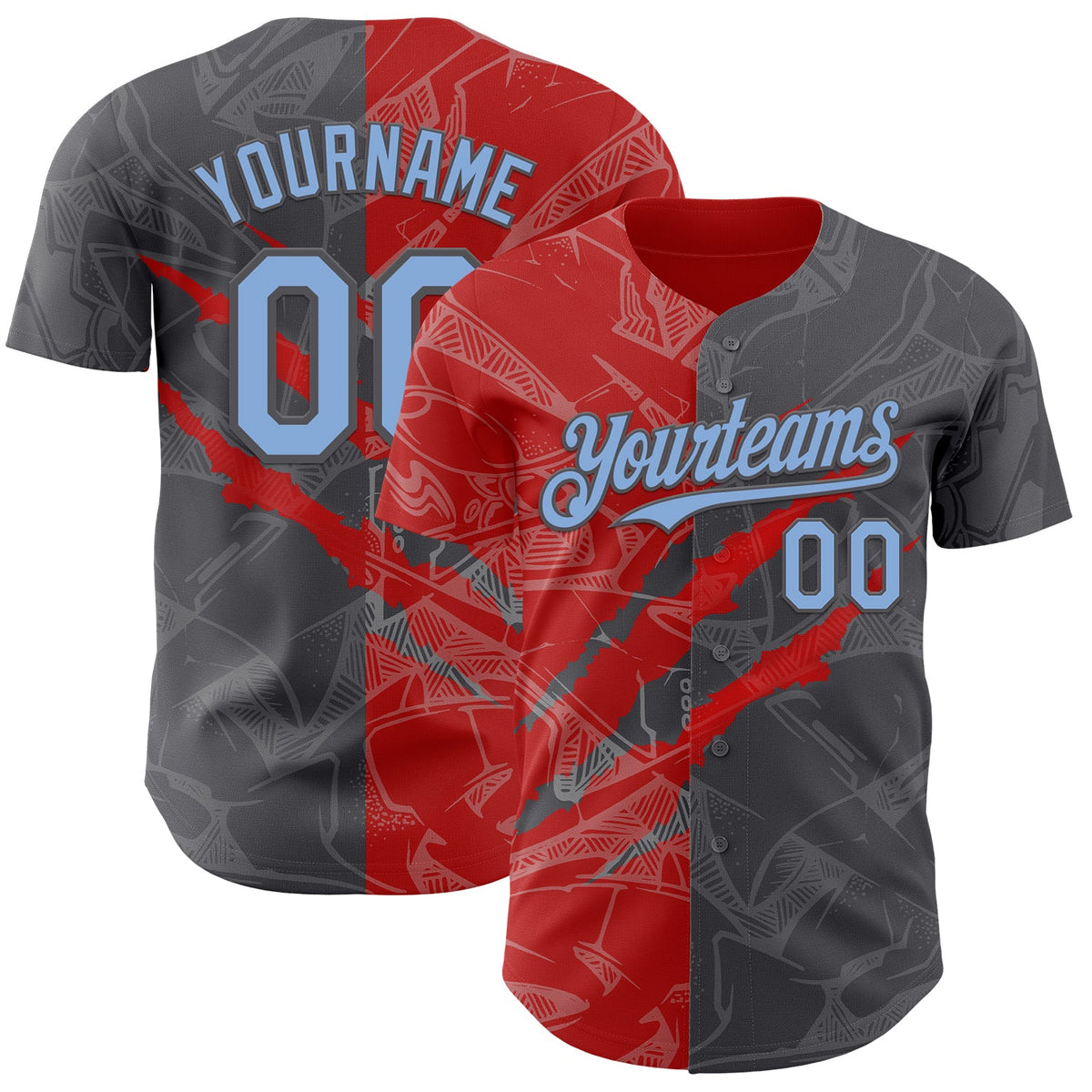 Custom Graffiti Pattern Light Blue Steel Gray-Red 3D Scratch Authentic Baseball Jersey