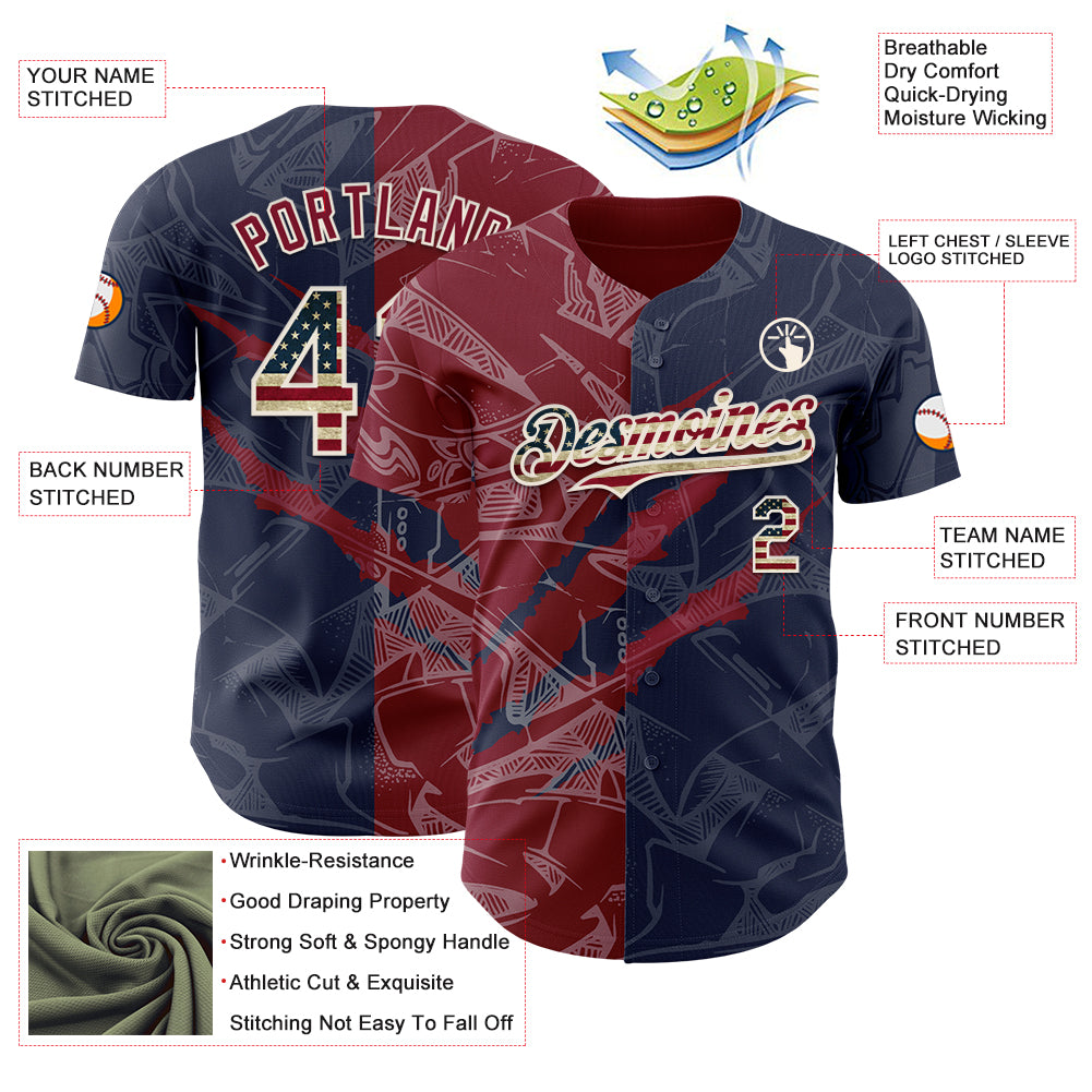 Custom Graffiti Pattern Vintage USA Flag Navy Crimson-Cream 3D Scratch Authentic Baseball Jersey