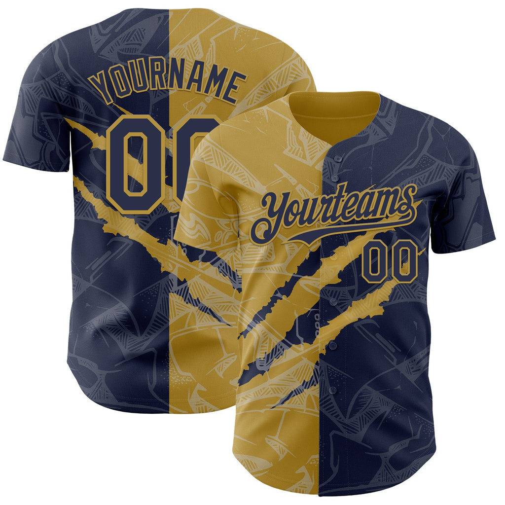 Custom Graffiti Pattern Navy-Old Gold 3D Scratch Authentic Baseball Jersey