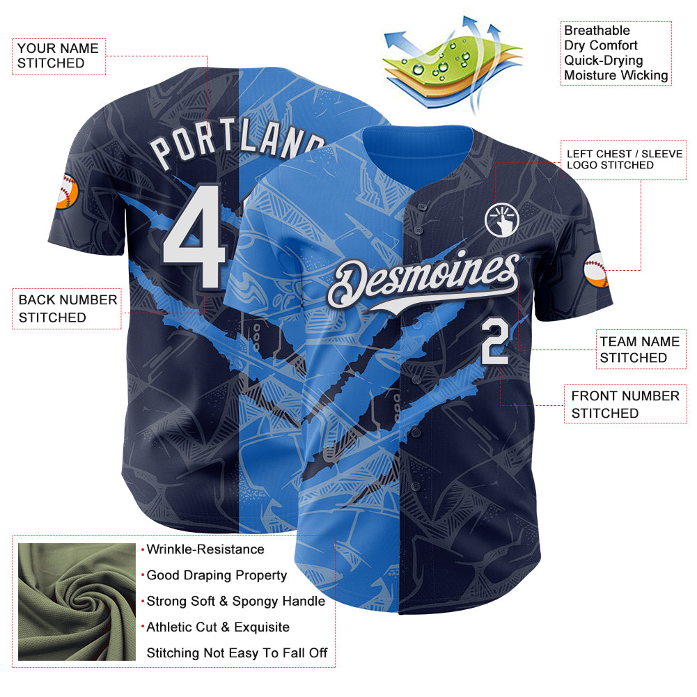 Custom Graffiti Pattern White Navy-Electric Blue 3D Scratch Authentic Baseball Jersey
