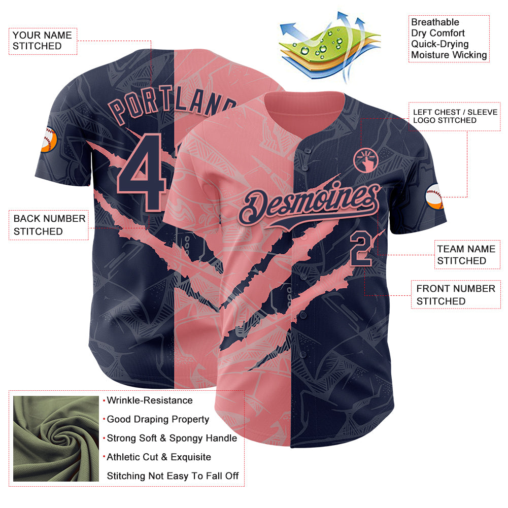 Custom Graffiti Pattern Navy-Medium Pink 3D Scratch Authentic Baseball Jersey