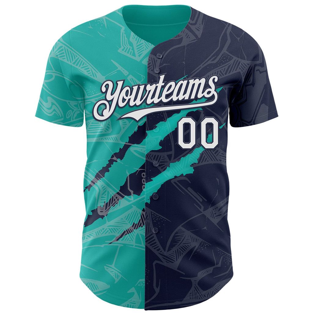 Custom Graffiti Pattern White Navy-Aqua 3D Scratch Authentic Baseball Jersey