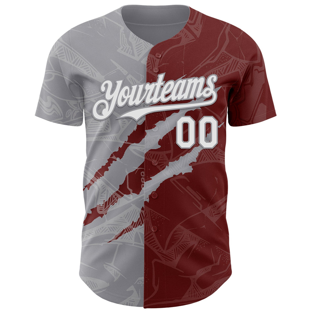 Custom Graffiti Pattern White Burgundy-Gray 3D Scratch Authentic Baseball Jersey