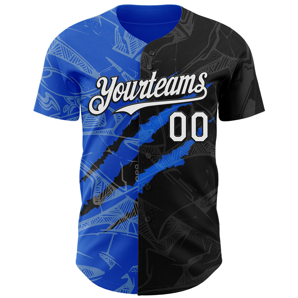 Custom Graffiti Pattern White Black-Thunder Blue 3D Scratch Authentic Baseball Jersey