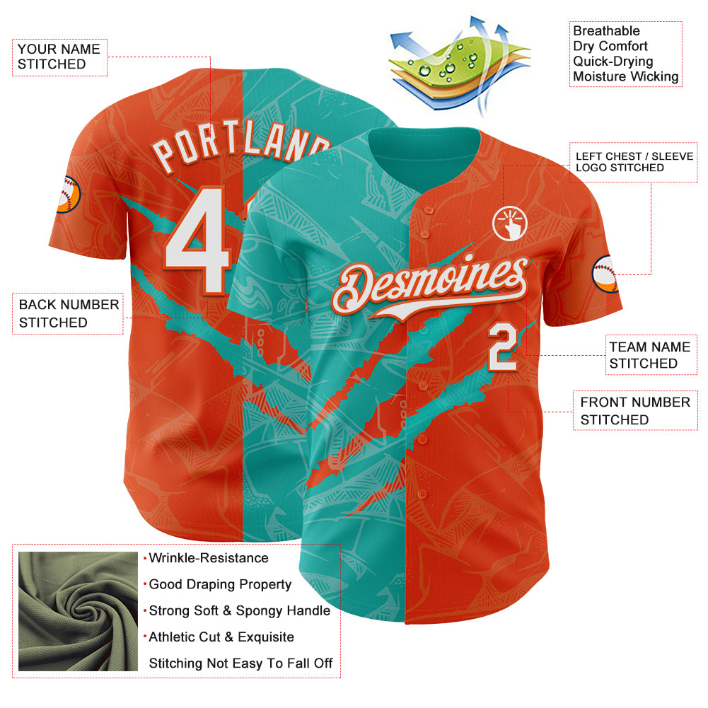 Custom Graffiti Pattern White Orange-Aqua 3D Scratch Authentic Baseball Jersey