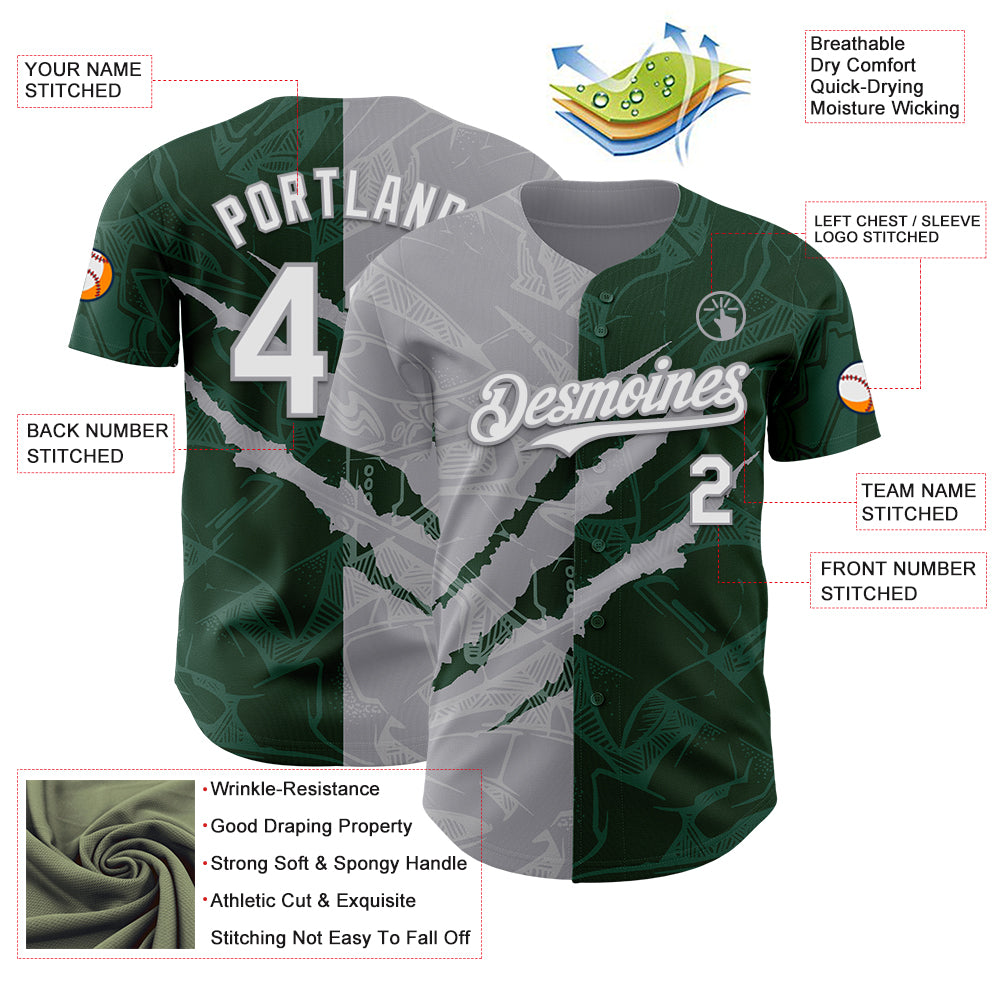 Custom Graffiti Pattern White Green-Gray 3D Scratch Authentic Baseball Jersey