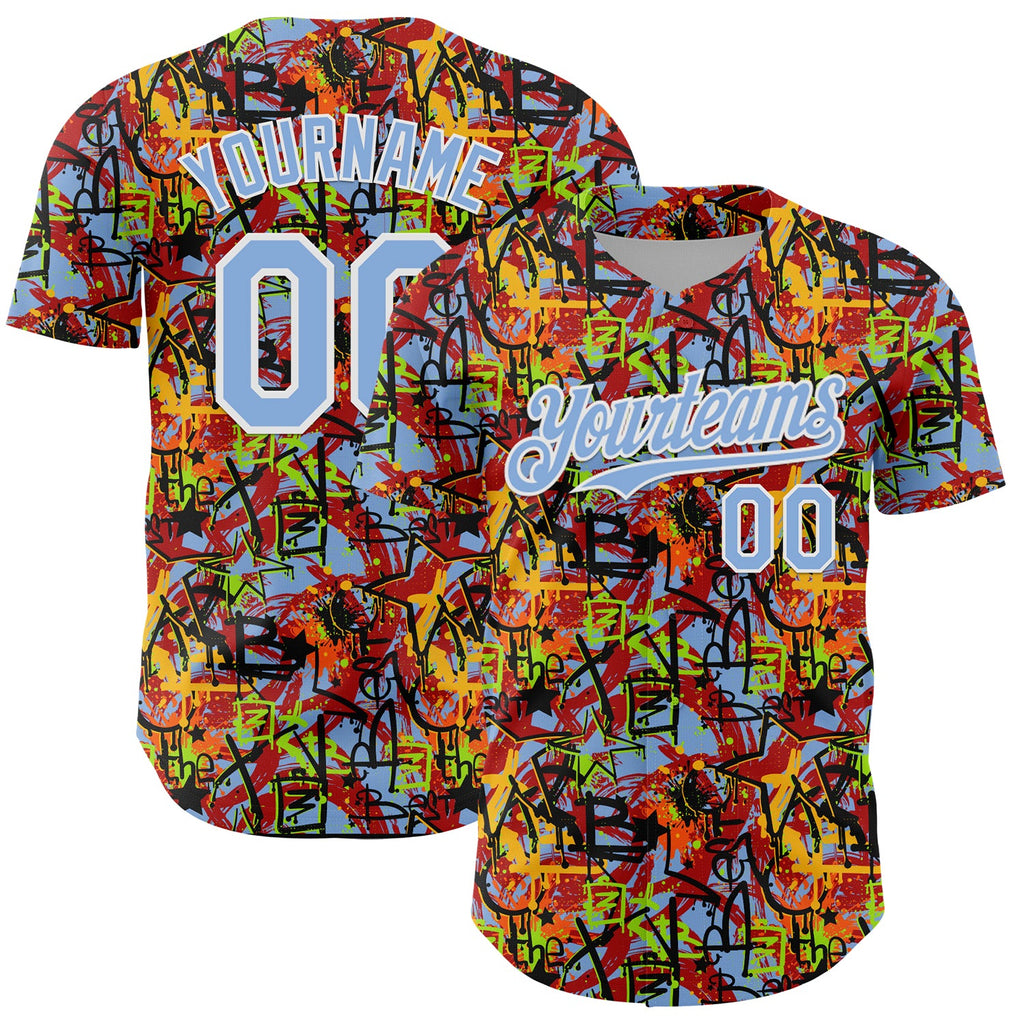 Custom Graffiti Pattern Light Blue-White Splatter Authentic Baseball Jersey
