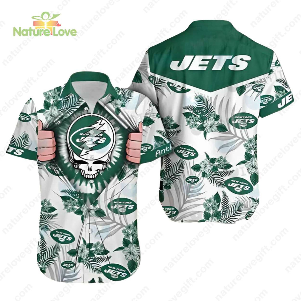 Grateful Dead New York Jets Tropical Hibiscus Hawaiian Shirt