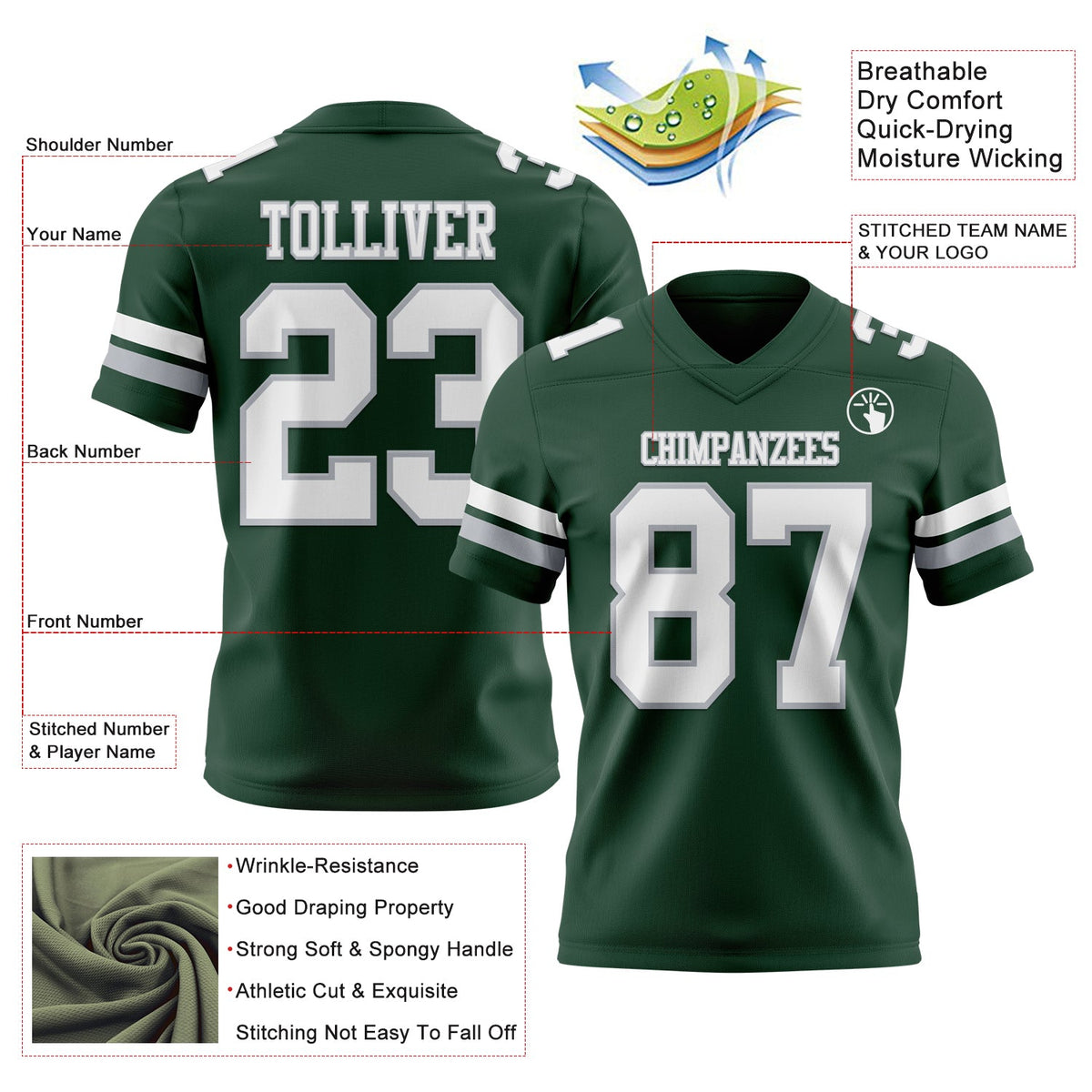 Custom Green White-Gray Authentic Football Jersey