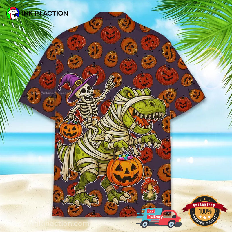 Halloween Skeleton Riding T-rex Hawaiian Shirt