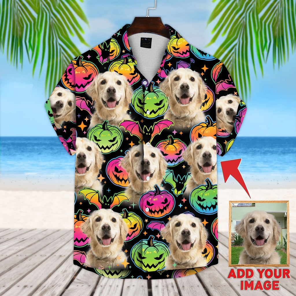 Custom Hawaiian Shirt With Pet Face | Personalized Gift For Pet Lovers | Pumpkin & Bat Pattern Dark Color Aloha Shirt