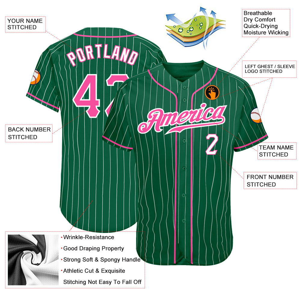 Custom Kelly Green White Pinstripe Pink-White Authentic Baseball Jersey