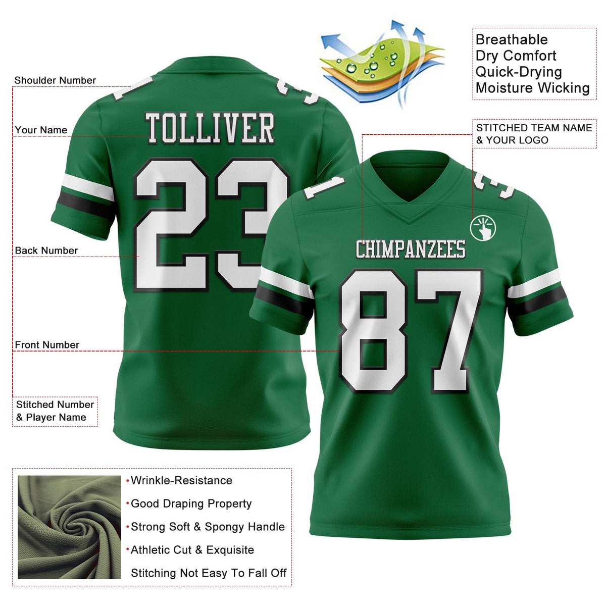 Custom Kelly Green White-Black Authentic Football Jersey