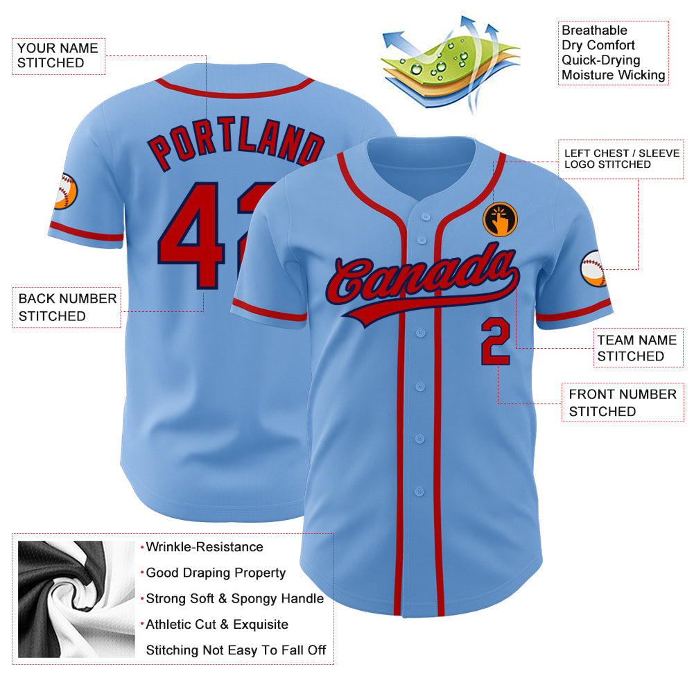 Custom Light Blue Red-Navy Authentic Baseball Jersey