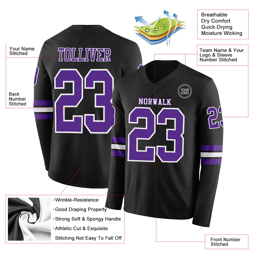 Custom Black Purple-White Long Sleeve Authentic Football Jersey