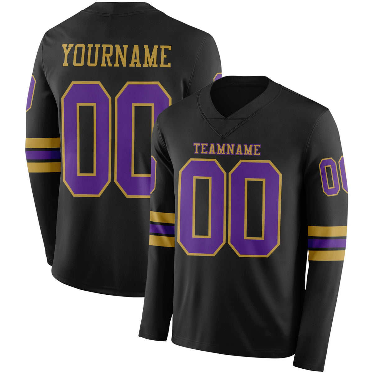 Custom Black Purple-Old Gold Long Sleeve Authentic Football Jersey