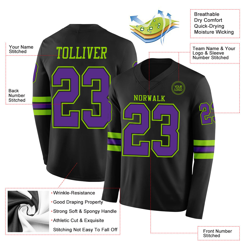Custom Black Purple-Neon Green Long Sleeve Authentic Football Jersey