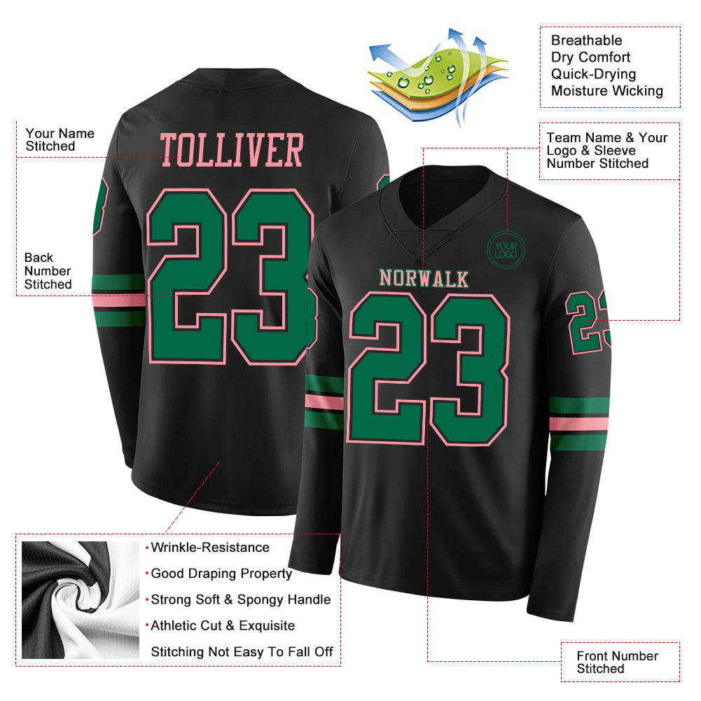 Custom Black Kelly Green-Medium Pink Long Sleeve Authentic Football Jersey