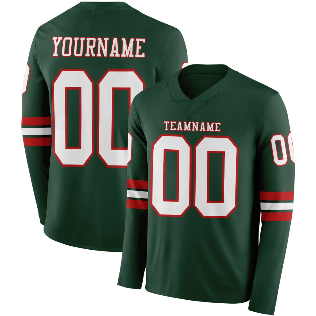 Custom Green White-Red Long Sleeve Authentic Football Jersey