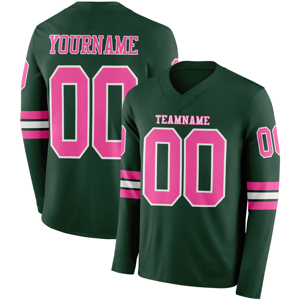 Custom Green Pink-White Long Sleeve Authentic Football Jersey