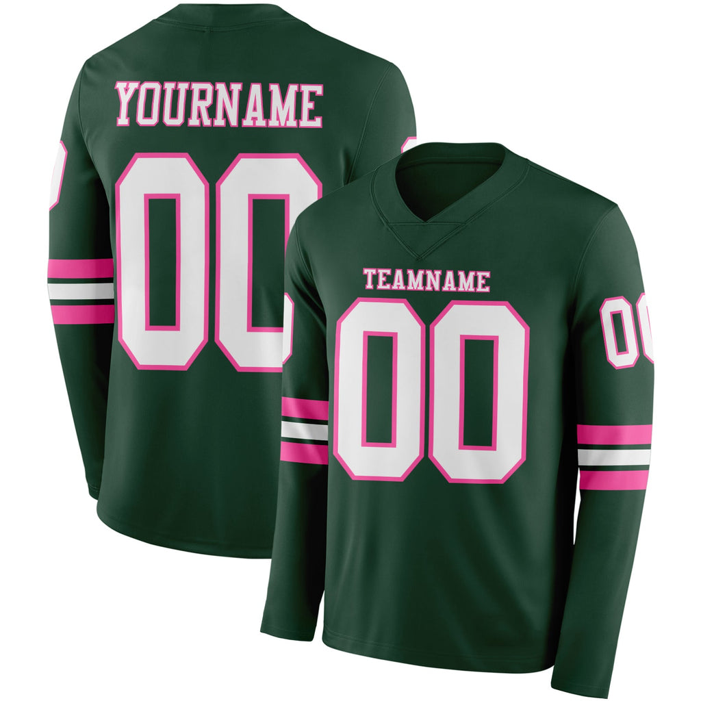 Custom Green White-Pink Long Sleeve Authentic Football Jersey