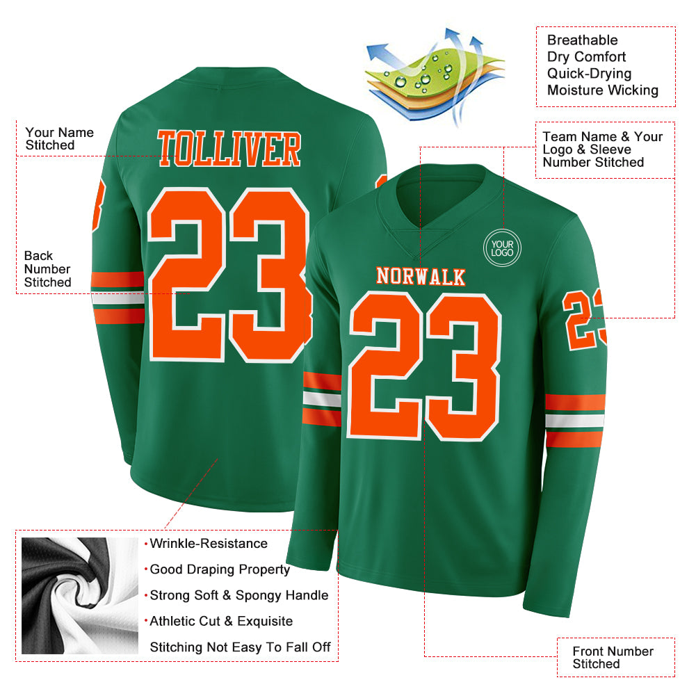 Custom Kelly Green Orange-White Long Sleeve Authentic Football Jersey