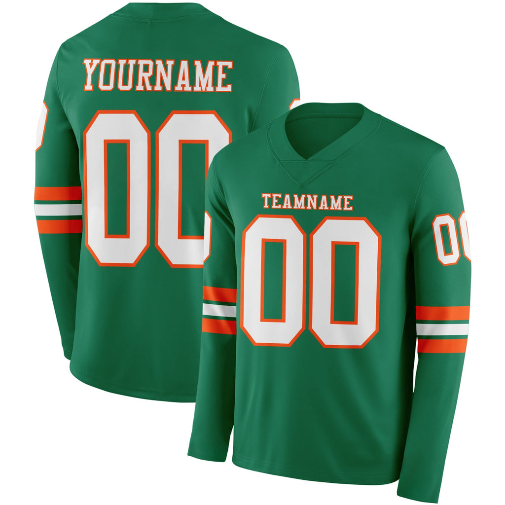 Custom Kelly Green White-Orange Long Sleeve Authentic Football Jersey