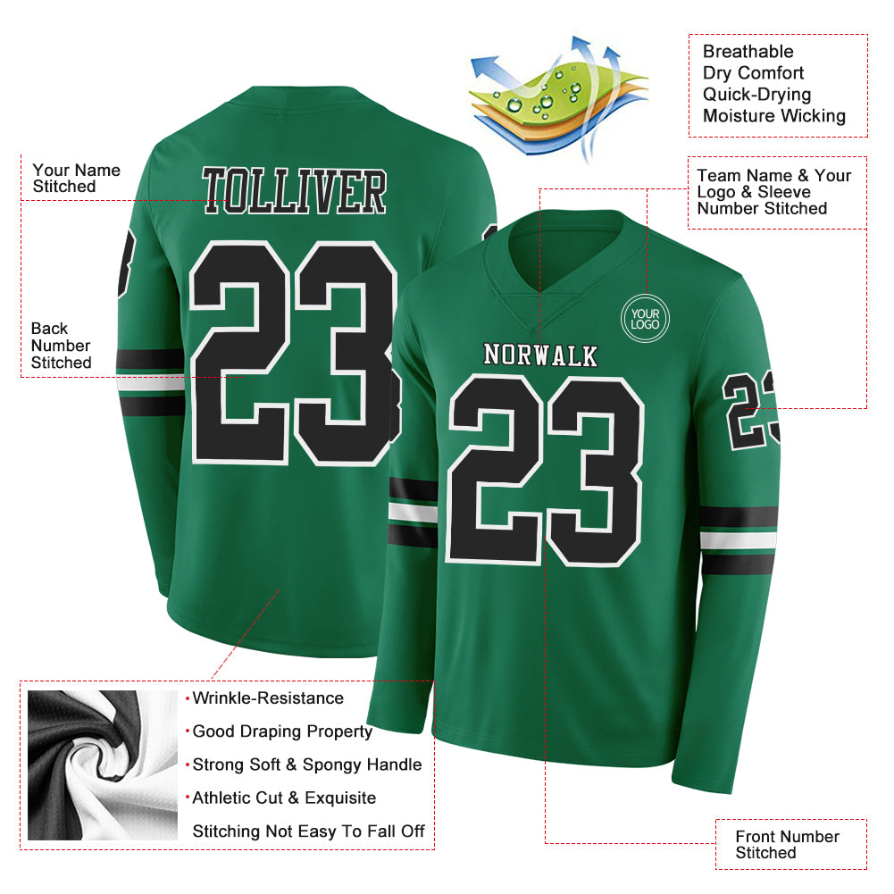 Custom Kelly Green Black-White Long Sleeve Authentic Football Jersey