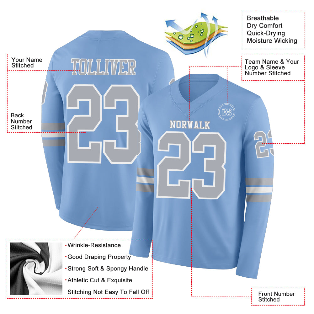 Custom Light Blue Gray-White Long Sleeve Authentic Football Jersey
