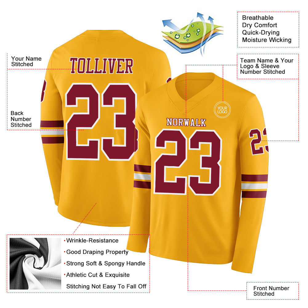 Custom Gold Crimson-White Long Sleeve Authentic Football Jersey