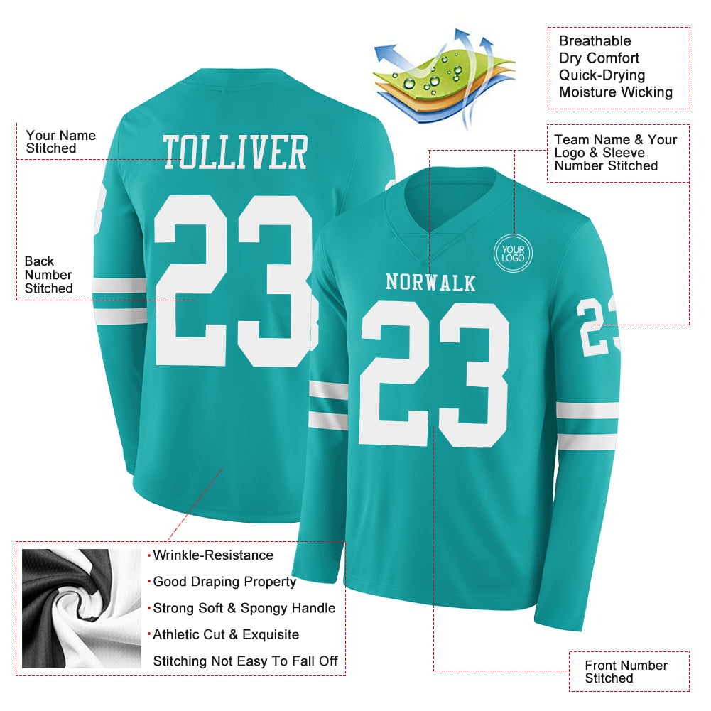 Custom Aqua White Long Sleeve Authentic Football Jersey