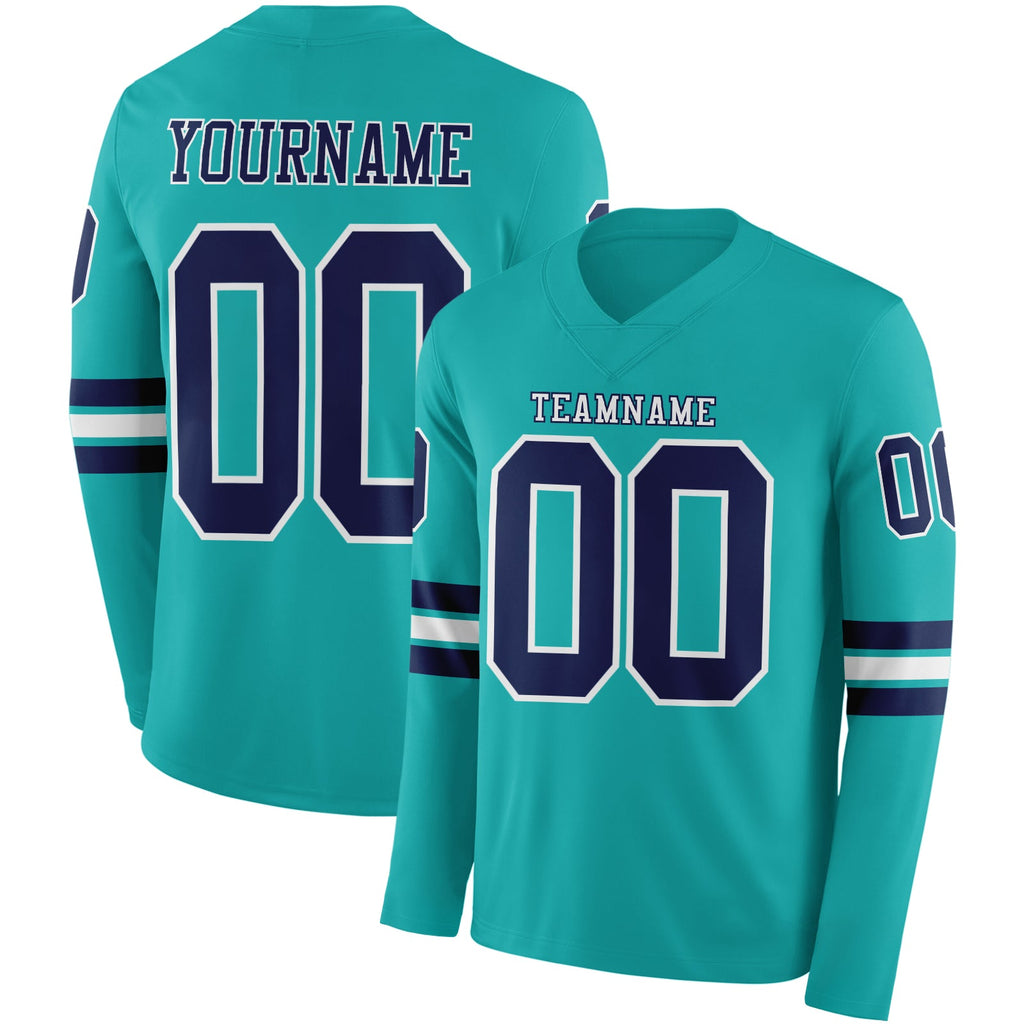 Custom Aqua Navy-White Long Sleeve Authentic Football Jersey