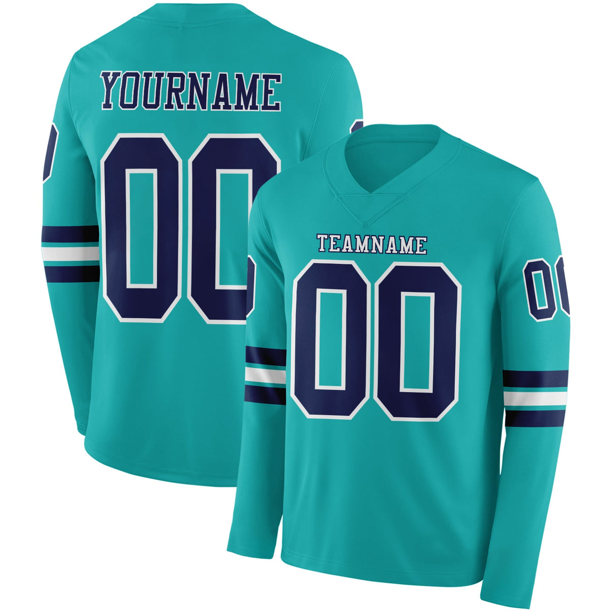 Custom Aqua Navy-White Long Sleeve Authentic Football Jersey