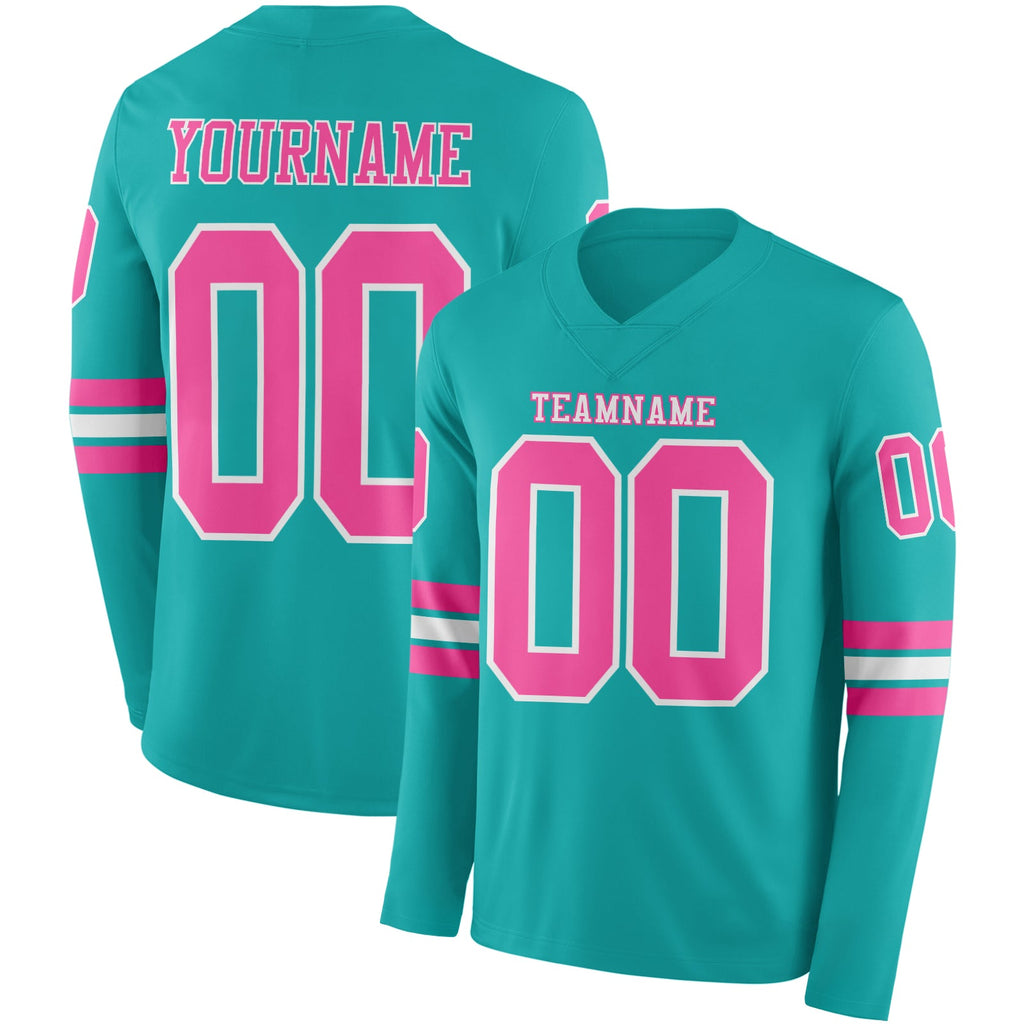 Custom Aqua Pink-White Long Sleeve Authentic Football Jersey