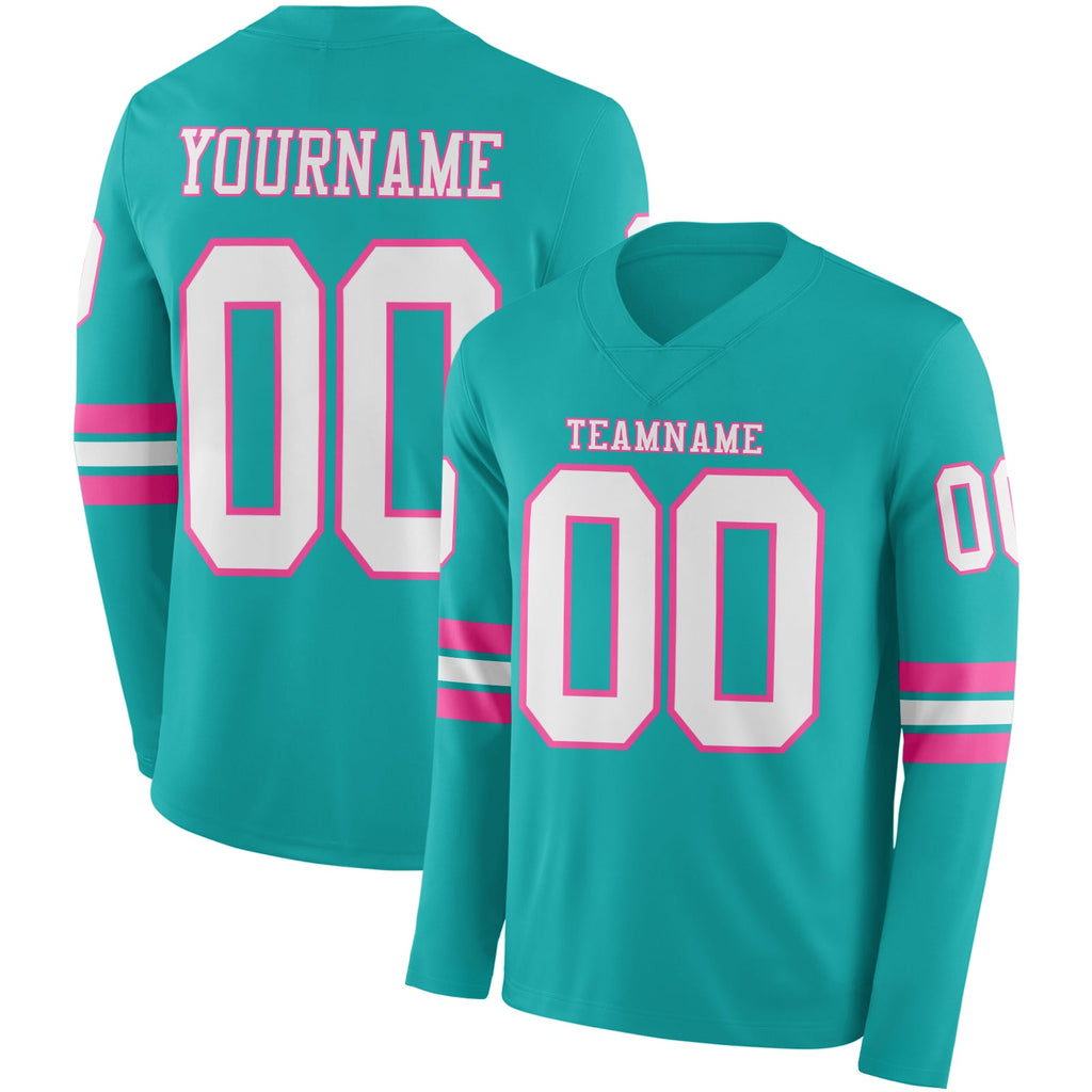 Custom Aqua White-Pink Long Sleeve Authentic Football Jersey