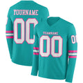 Custom Aqua White-Pink Long Sleeve Authentic Football Jersey