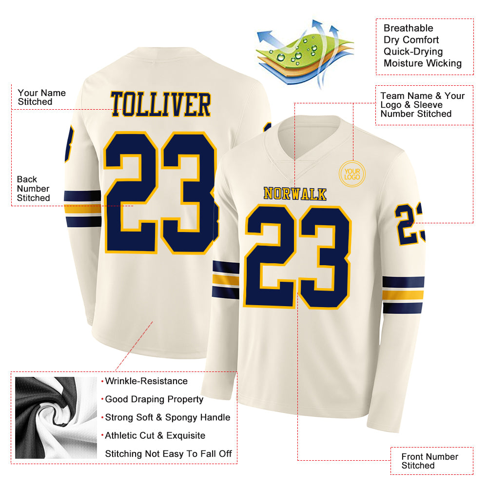 Custom Cream Navy-Gold Long Sleeve Authentic Football Jersey
