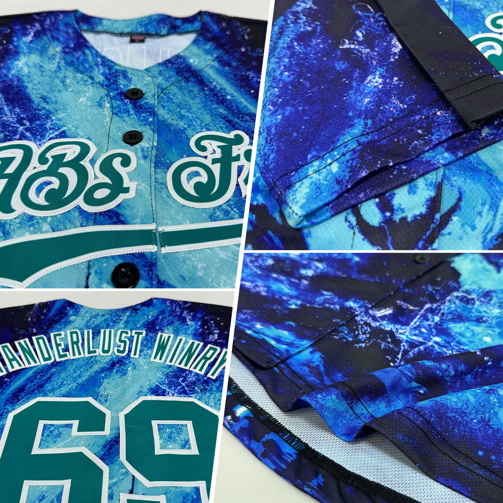 Custom Royal Teal-White 3D Pattern Design Water Dragon Authentic Baseball Jersey